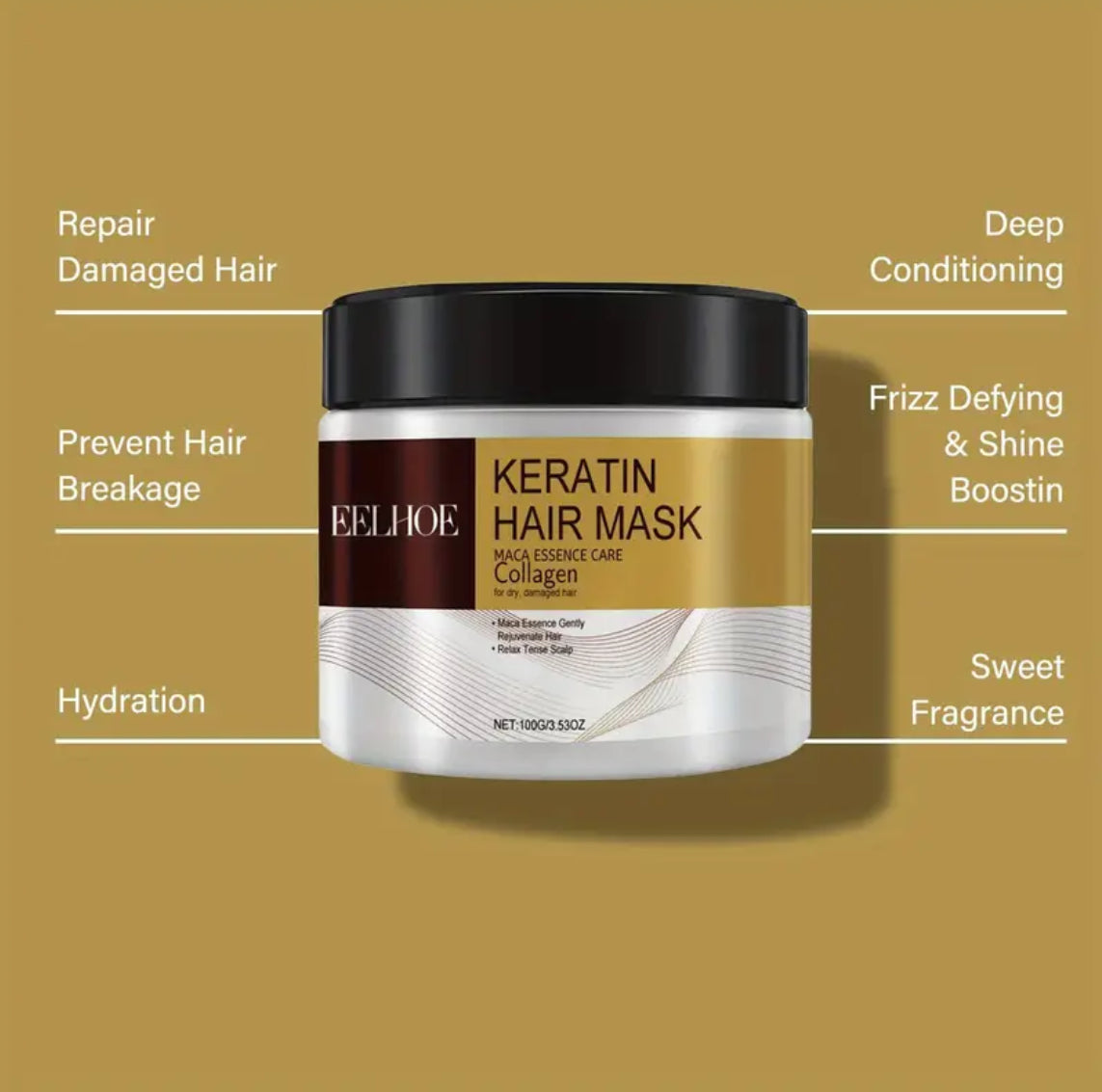 Keratin-Haarmaske mit Maca-Essenz und Collagen – feuchtigkeitsspendende Reparaturbehandlung für seidig glattes Haar