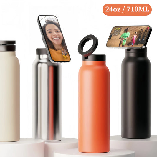 Solierte Sportwasserflasche aus Edelstahl mit magnetischer Telefonhalter