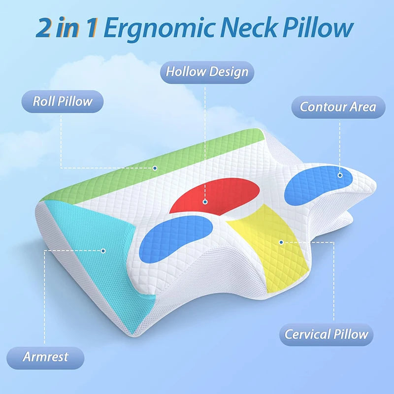 Memory-Schaum-Halskissen, 2-in-1 orthopädisches Kissen mit ergonomischer Kontur für Nackenschmerzen